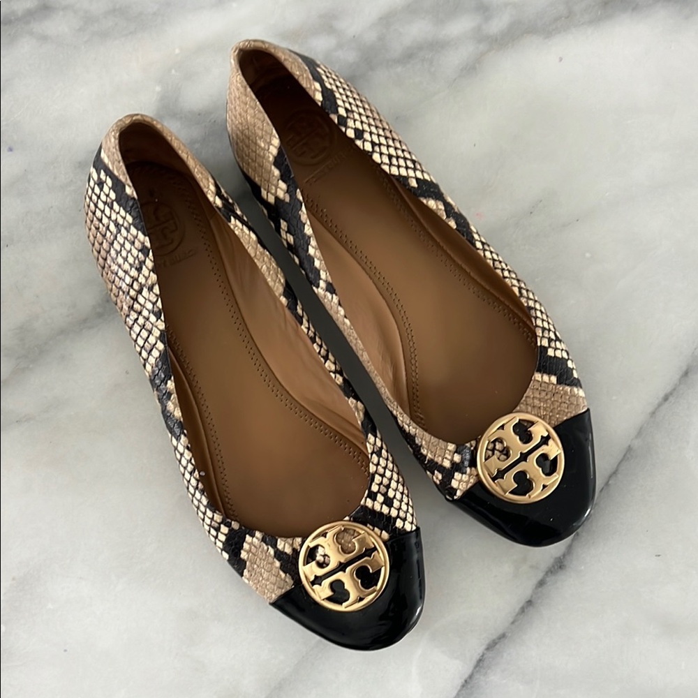 Tory Burch Snakeskin Flats - Black and Tan